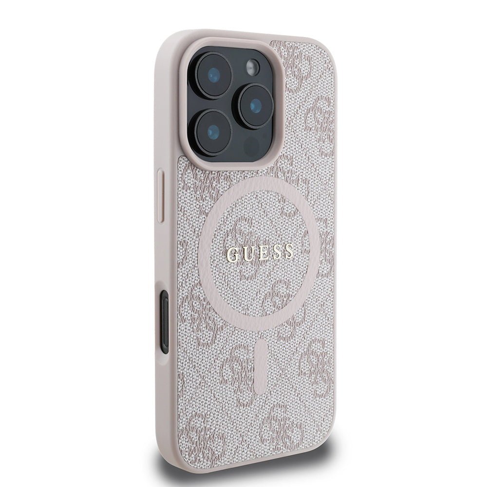 Apple iPhone 16 Pro Max Case Guess Original Licensed M-safe Charging Feature PU Ring 4G Patterned Text Logo Cover Pink