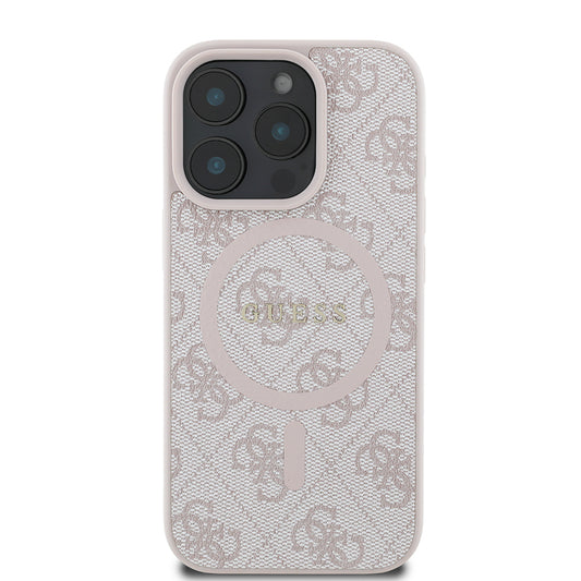 Apple iPhone 16 Pro Max Case Guess Original Licensed M-safe Charging Feature PU Ring 4G Patterned Text Logo Cover Pink