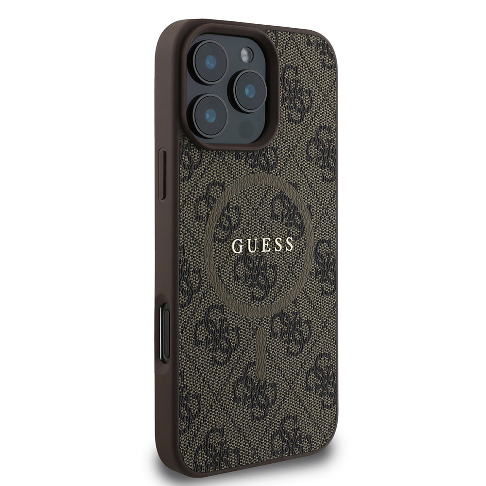 Apple iPhone 16 Pro Max Case Guess Original Licensed M-safe Charging Feature PU Ring 4G Patterned Text Logo Cover Pink