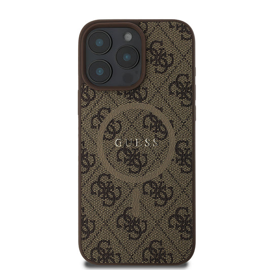 Apple iPhone 16 Pro Max Case Guess Original Licensed M-safe Charging Feature PU Ring 4G Patterned Text Logo Cover Brown