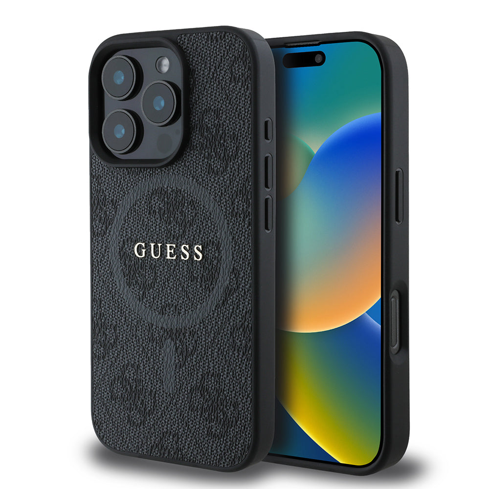Apple iPhone 16 Pro Max Case Guess Original Licensed M-safe Charging Feature PU Ring 4G Patterned Text Logo Cover Black