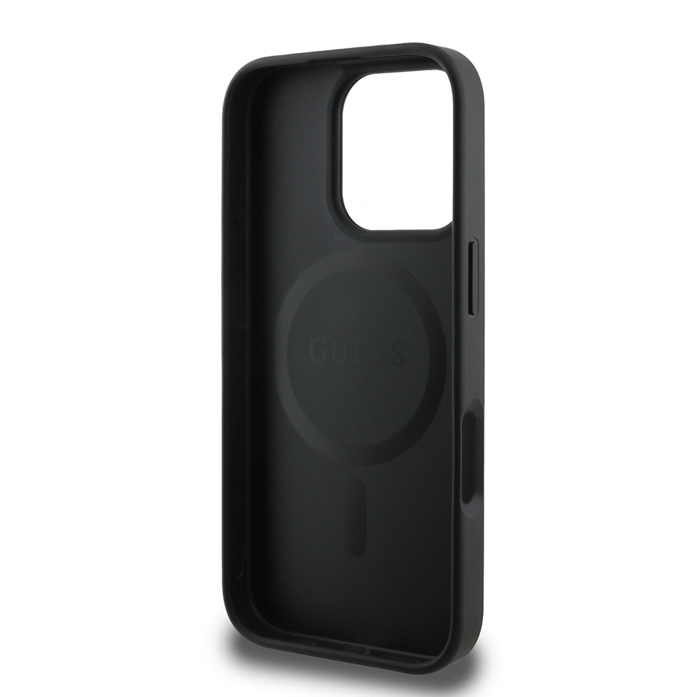 Apple iPhone 16 Pro Max Case Guess Original Licensed M-safe Charging Feature PU Ring 4G Patterned Text Logo Cover Black