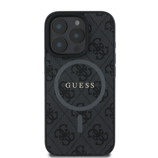 Apple iPhone 16 Pro Max Case Guess Original Licensed M-safe Charging Feature PU Ring 4G Patterned Text Logo Cover Black