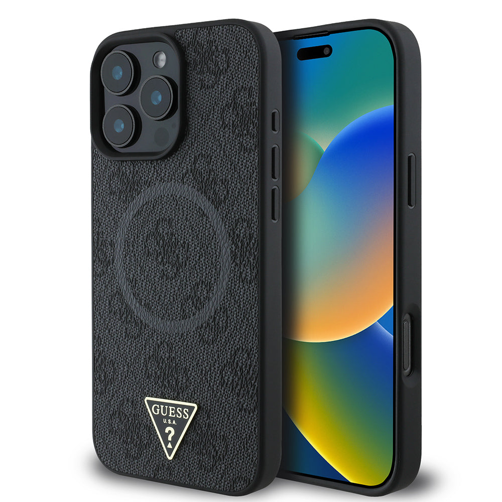 Apple iPhone 16 Pro Max Case Guess Original Licensed M-safe Charging Feature PU Triangle Logo 4G Patterned Cover Black