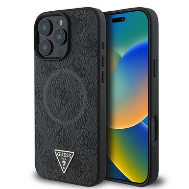 Apple iPhone 16 Pro Max Case Guess Original Licensed M-safe Charging Feature PU Triangle Logo 4G Patterned Cover Black