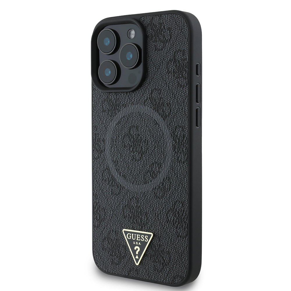 Apple iPhone 16 Pro Max Case Guess Original Licensed M-safe Charging Feature PU Triangle Logo 4G Patterned Cover Black