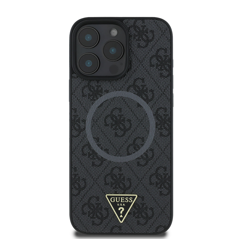 Apple iPhone 16 Pro Max Case Guess Original Licensed M-safe Charging Feature PU Triangle Logo 4G Patterned Cover Black