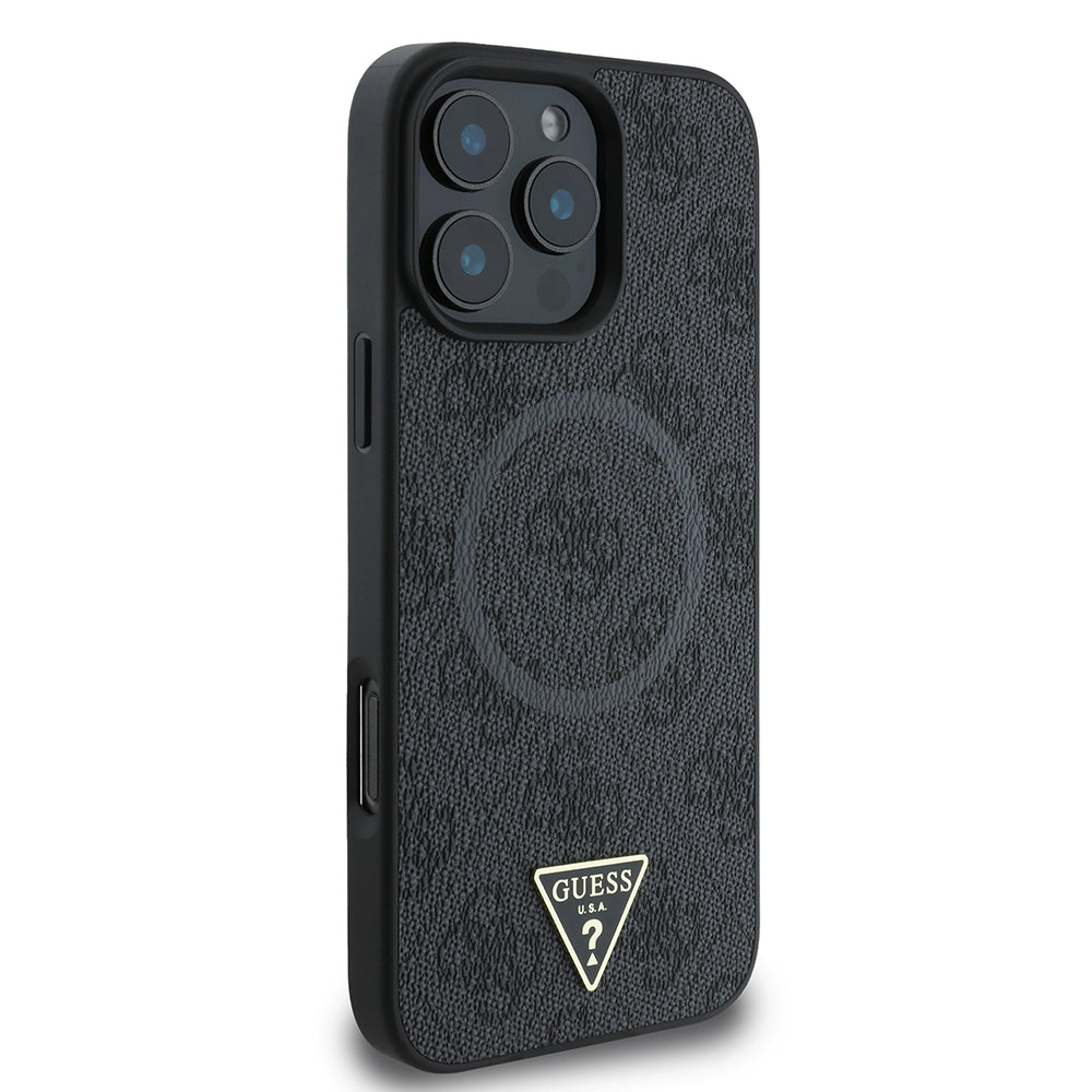 Apple iPhone 16 Pro Max Case Guess Original Licensed M-safe Charging Feature PU Triangle Logo 4G Patterned Cover Black
