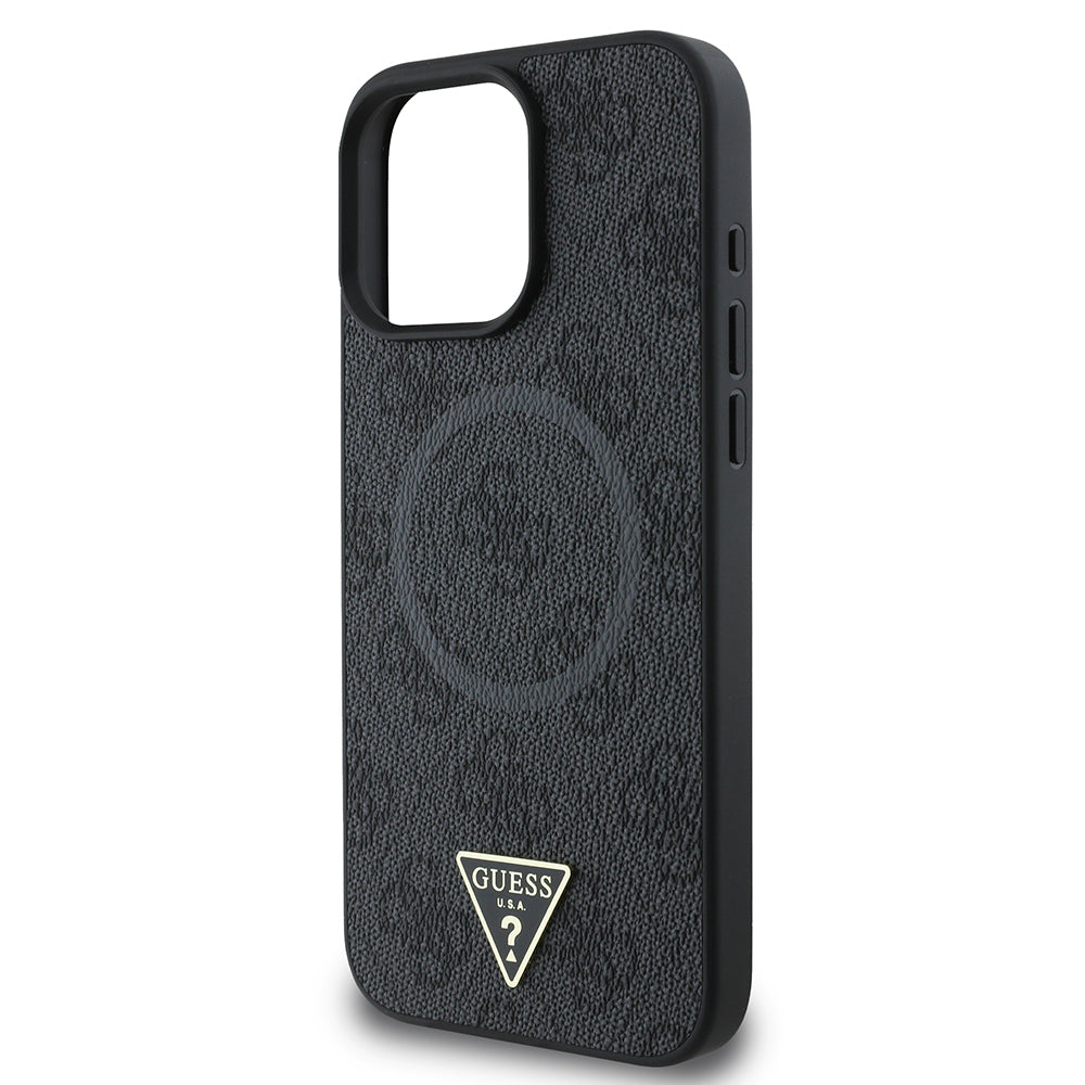 Apple iPhone 16 Pro Max Case Guess Original Licensed M-safe Charging Feature PU Triangle Logo 4G Patterned Cover Black