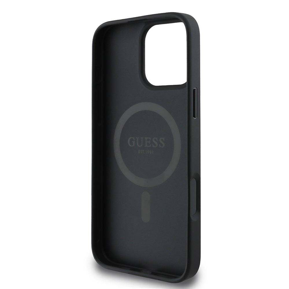 Apple iPhone 16 Pro Max Case Guess Original Licensed M-safe Charging Feature PU Triangle Logo 4G Patterned Cover Black