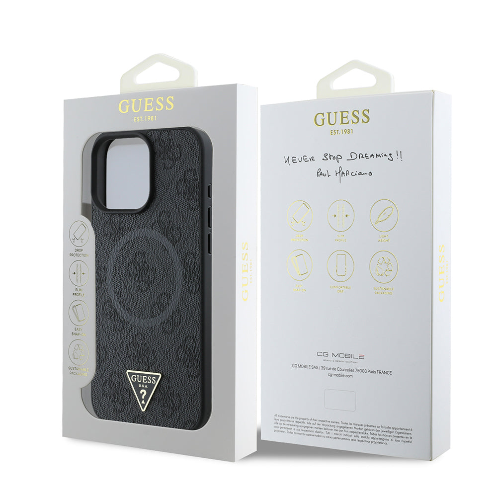 Apple iPhone 16 Pro Max Case Guess Original Licensed M-safe Charging Feature PU Triangle Logo 4G Patterned Cover Black