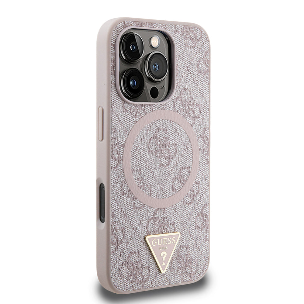 Apple iPhone 16 Pro Max Case Guess Original Licensed M-safe Charging Feature PU Triangle Logo 4G Patterned Cover Black