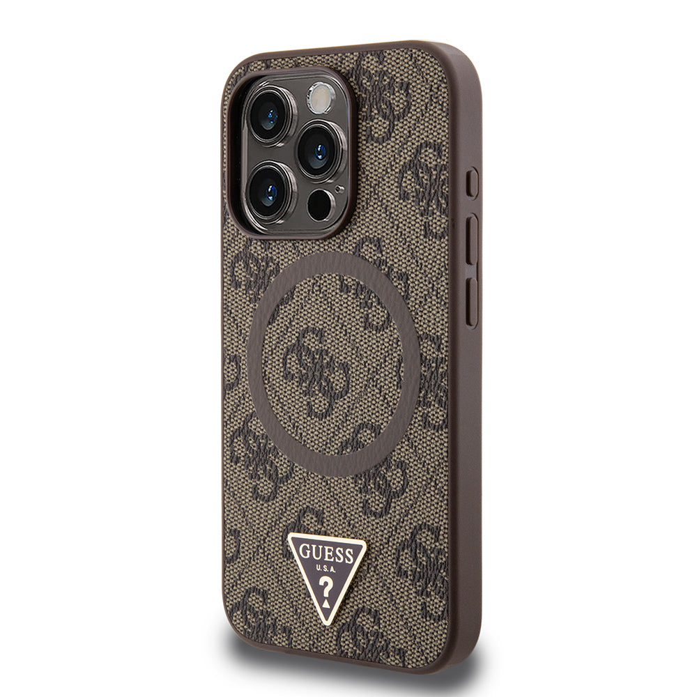 Apple iPhone 16 Pro Max Case Guess Original Licensed M-safe Charging Feature PU Triangle Logo 4G Patterned Cover Black