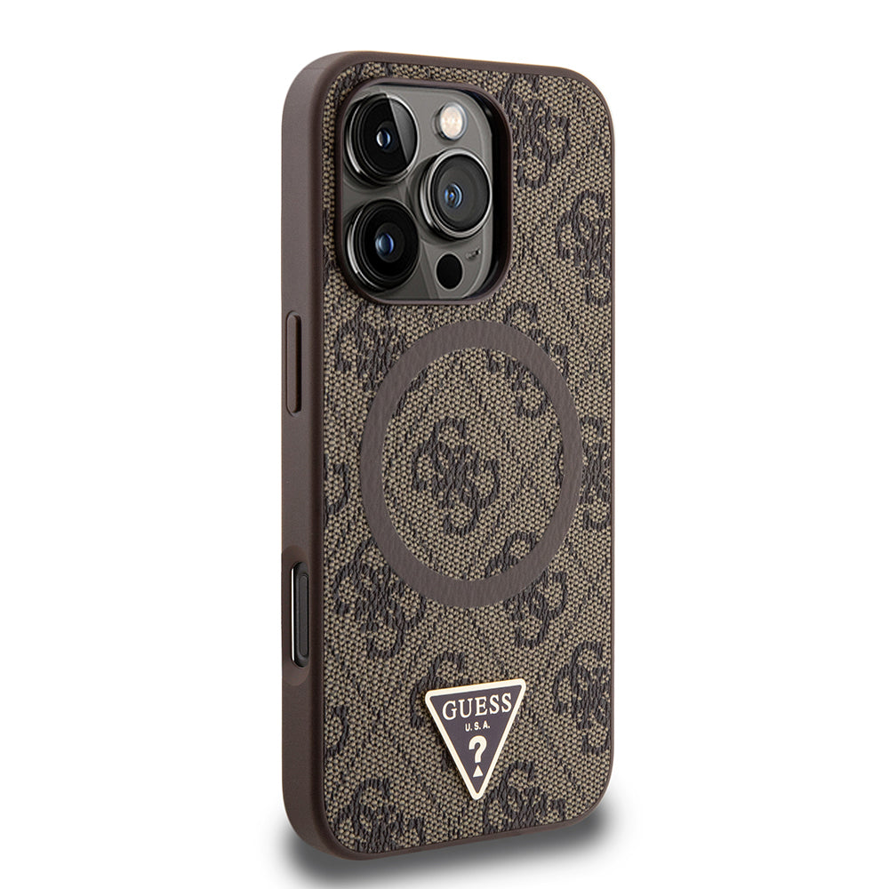 Apple iPhone 16 Pro Max Case Guess Original Licensed M-safe Charging Feature PU Triangle Logo 4G Patterned Cover Black