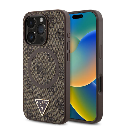 Apple iPhone 16 Pro Max Case Guess Original Licensed M-safe Charging Feature PU Triangle Logo 4G Patterned Cover Brown