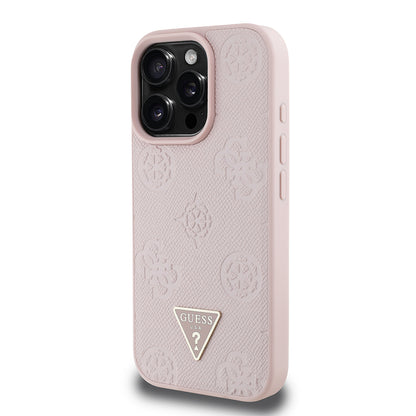 Apple iPhone 16 Pro Max Kılıf Guess Orjinal Lisanslı M-safe Şarj Özellikli Sıcak Baskılı Üçgen Logolu PU Deri Peony Kapak Bej