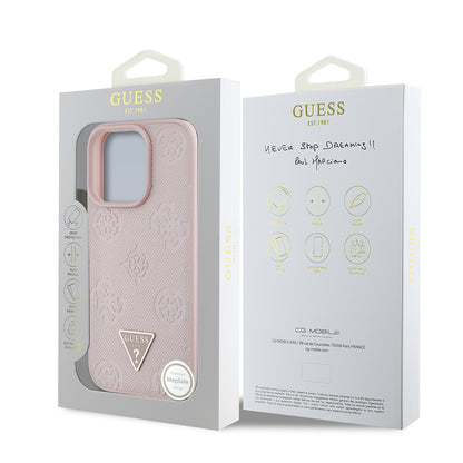 Apple iPhone 16 Pro Max Kılıf Guess Orjinal Lisanslı M-safe Şarj Özellikli Sıcak Baskılı Üçgen Logolu PU Deri Peony Kapak Bej