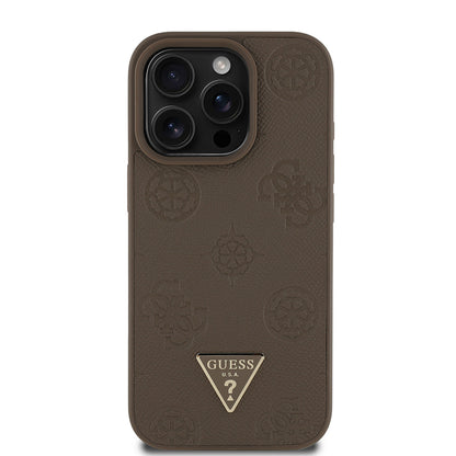 Apple iPhone 16 Pro Max Kılıf Guess Orjinal Lisanslı M-safe Şarj Özellikli Sıcak Baskılı Üçgen Logolu PU Deri Peony Kapak Kahverengi