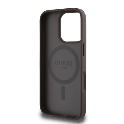 Apple iPhone 16 Pro Max Kılıf Guess Orjinal Lisanslı M-safe Şarj Özellikli Sıcak Baskılı Üçgen Logolu PU Deri Peony Kapak Bej