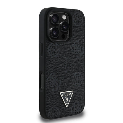 Apple iPhone 16 Pro Max Kılıf Guess Orjinal Lisanslı M-safe Şarj Özellikli Sıcak Baskılı Üçgen Logolu PU Deri Peony Kapak Bej