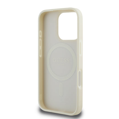 Apple iPhone 16 Pro Max Kılıf Guess Orjinal Lisanslı M-safe Şarj Özellikli Sıcak Baskılı Üçgen Logolu PU Deri Peony Kapak Pembe