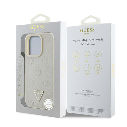 Apple iPhone 16 Pro Max Kılıf Guess Orjinal Lisanslı M-safe Şarj Özellikli Sıcak Baskılı Üçgen Logolu PU Deri Peony Kapak Kahverengi