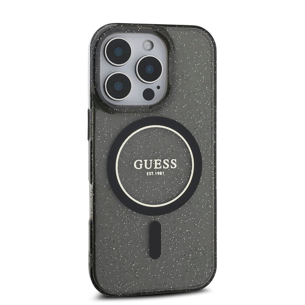 Apple iPhone 16 Pro Max Case Guess Original Licensed M-safe Charging Feature Glittery Silicone Pearl Bracelet Cover Black