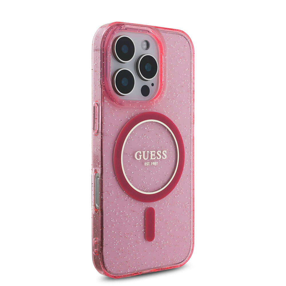 Apple iPhone 16 Pro Max Case Guess Original Licensed M-safe Charging Feature Glittery Silicone Pearl Bracelet Cover Transparent