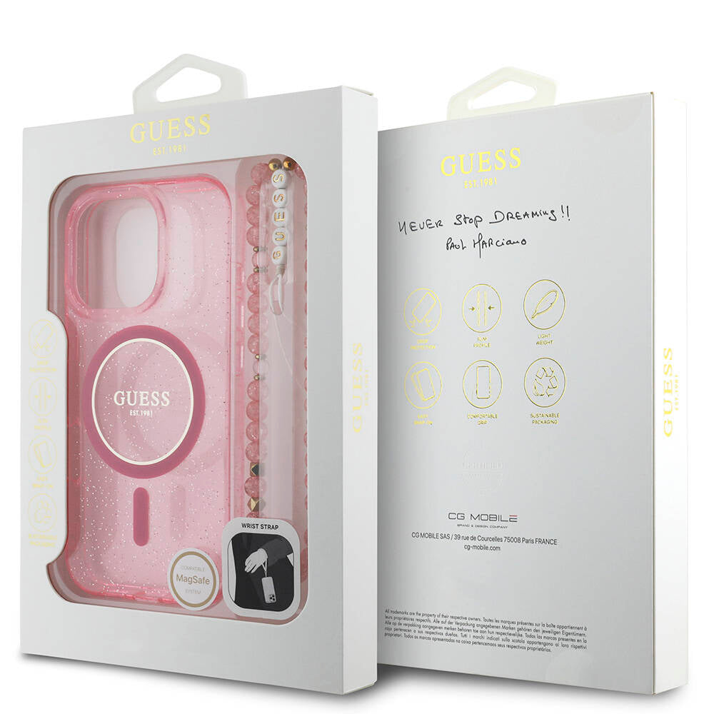 Apple iPhone 16 Pro Max Case Guess Original Licensed M-safe Charging Feature Glittery Silicone Pearl Bracelet Cover Black