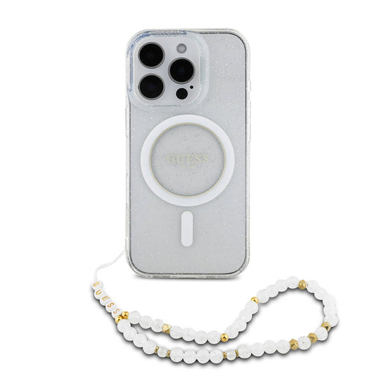 Apple iPhone 16 Pro Max Case Guess Original Licensed M-safe Charging Feature Glittery Silicone Pearl Bracelet Cover Transparent