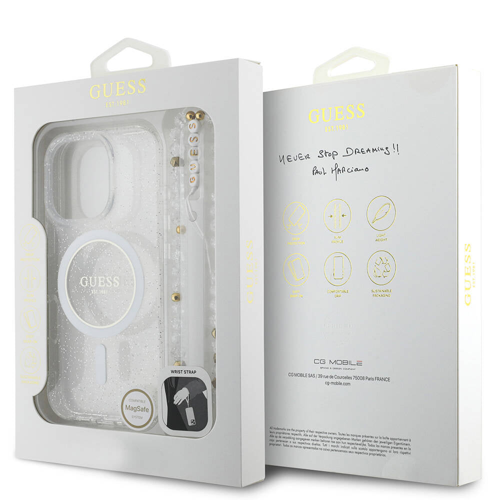 Apple iPhone 16 Pro Max Case Guess Original Licensed M-safe Charging Feature Glittery Silicone Pearl Bracelet Cover Transparent