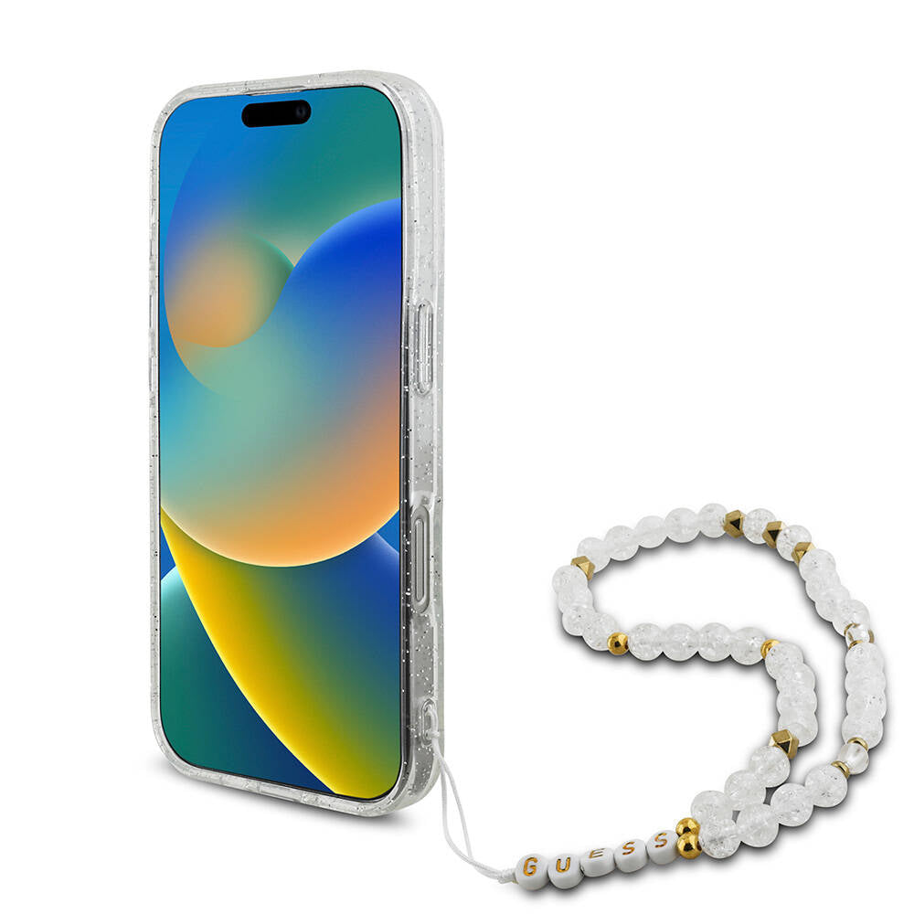 Apple iPhone 16 Pro Max Case Guess Original Licensed M-safe Charging Feature Glittery Silicone Pearl Bracelet Cover Black