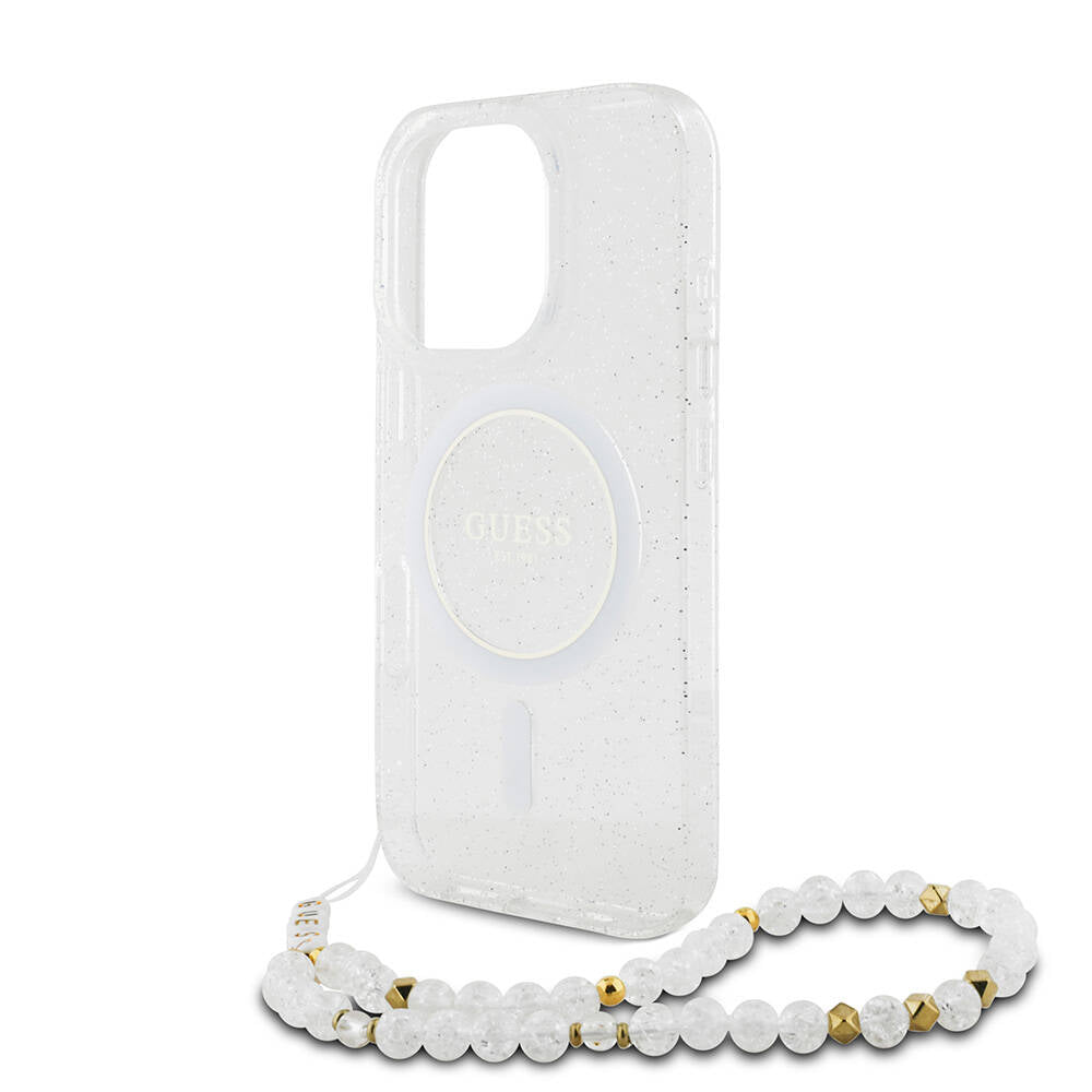 Apple iPhone 16 Pro Max Case Guess Original Licensed M-safe Charging Feature Glittery Silicone Pearl Bracelet Cover Transparent