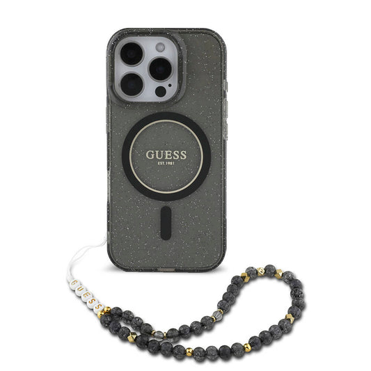 Apple iPhone 16 Pro Max Case Guess Original Licensed M-safe Charging Feature Glittery Silicone Pearl Bracelet Cover Black