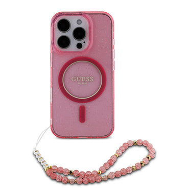 Apple iPhone 16 Pro Max Case Guess Original Licensed M-safe Charging Feature Glittery Silicone Pearl Bracelet Cover Transparent