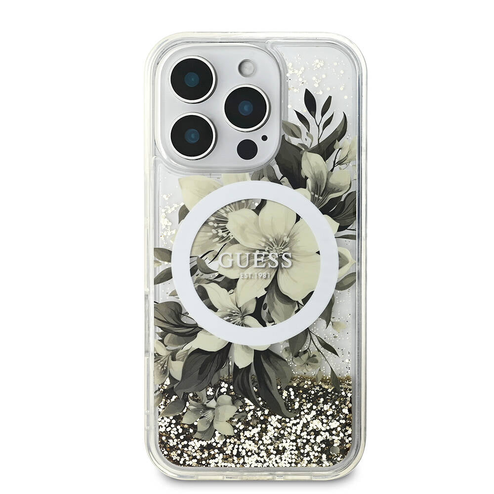Apple iPhone 16 Pro Max Case Guess Original Licensed M-safe Charging Feature Liquid Glitter Flower Patterned Cover Beige