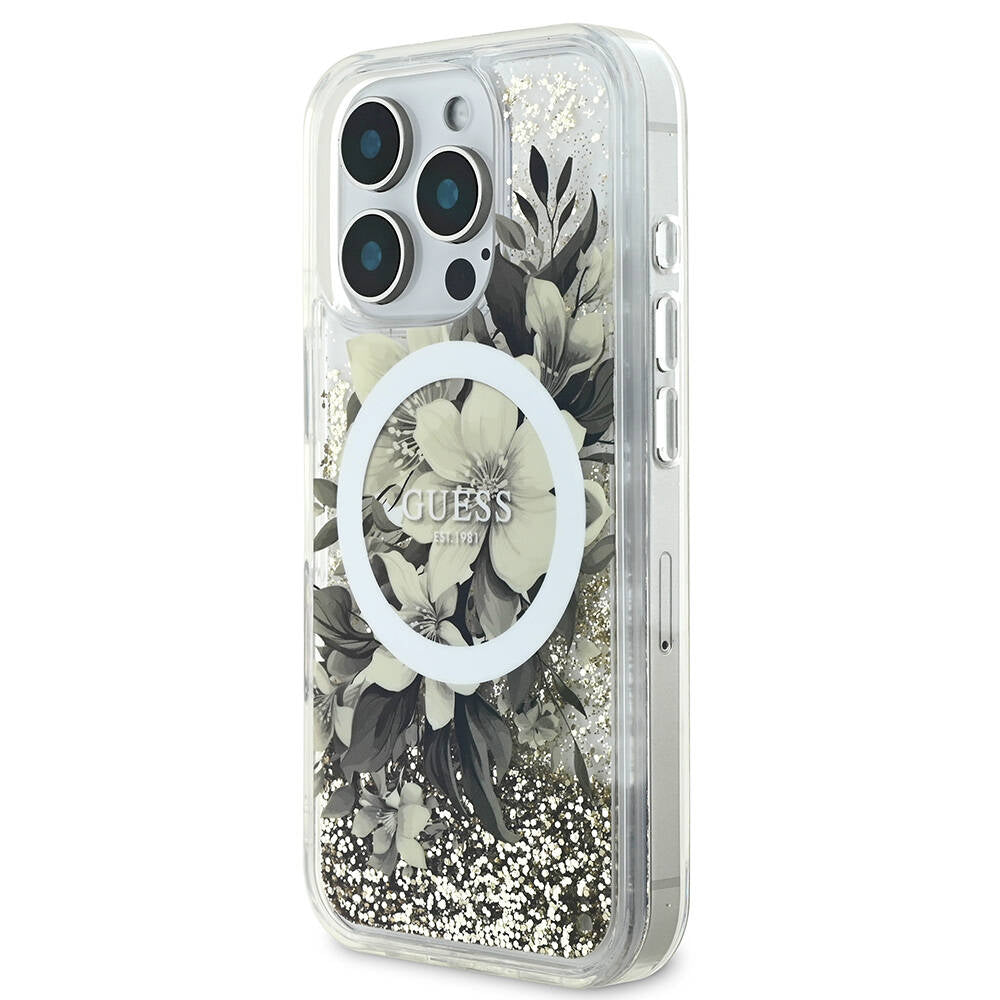 Apple iPhone 16 Pro Max Case Guess Original Licensed M-safe Charging Feature Liquid Glitter Flower Patterned Cover Green
