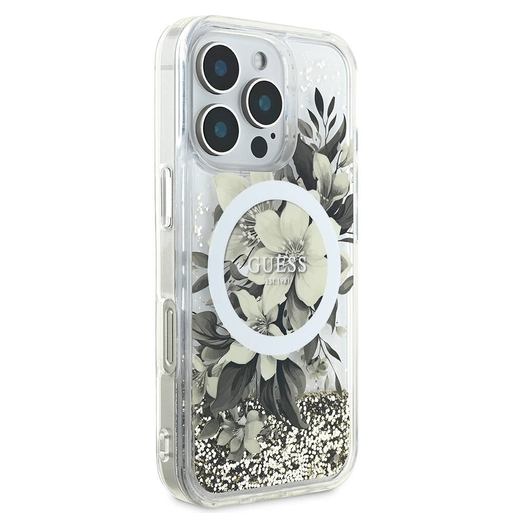 Apple iPhone 16 Pro Max Case Guess Original Licensed M-safe Charging Feature Liquid Glitter Flower Patterned Cover Beige