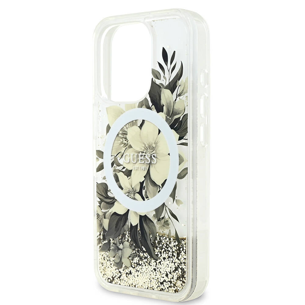 Apple iPhone 16 Pro Max Case Guess Original Licensed M-safe Charging Feature Liquid Glitter Flower Patterned Cover Beige