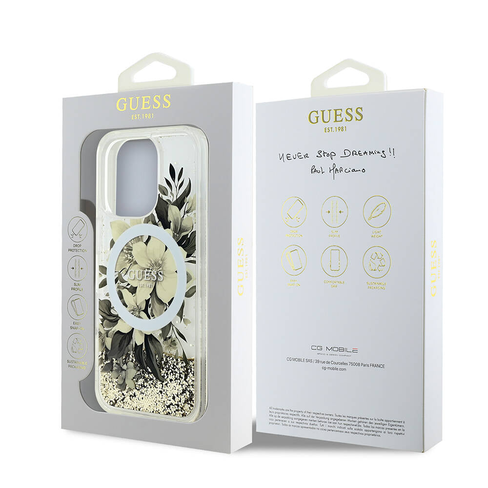 Apple iPhone 16 Pro Max Case Guess Original Licensed M-safe Charging Feature Liquid Glitter Flower Patterned Cover Green