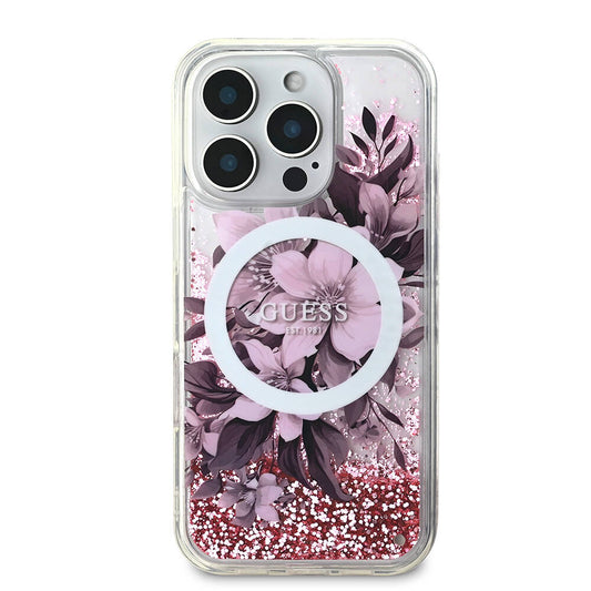 Apple iPhone 16 Pro Max Case Guess Original Licensed M-safe Charging Feature Liquid Glitter Flower Patterned Cover Pink