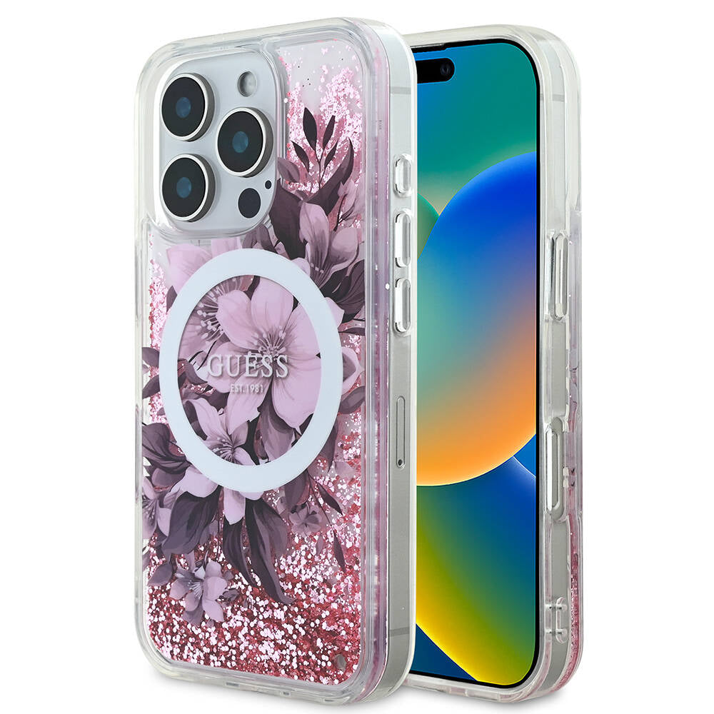 Apple iPhone 16 Pro Max Case Guess Original Licensed M-safe Charging Feature Liquid Glitter Flower Patterned Cover Green