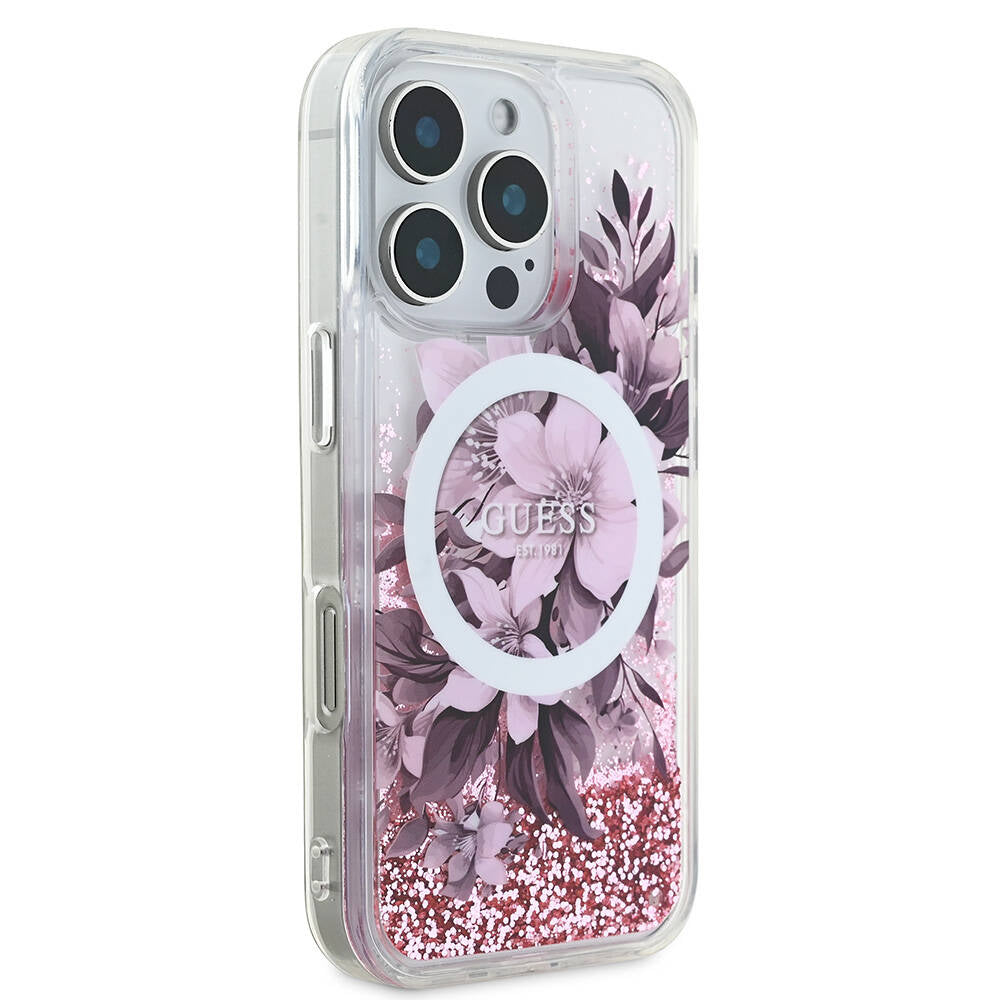 Apple iPhone 16 Pro Max Case Guess Original Licensed M-safe Charging Feature Liquid Glitter Flower Patterned Cover Beige