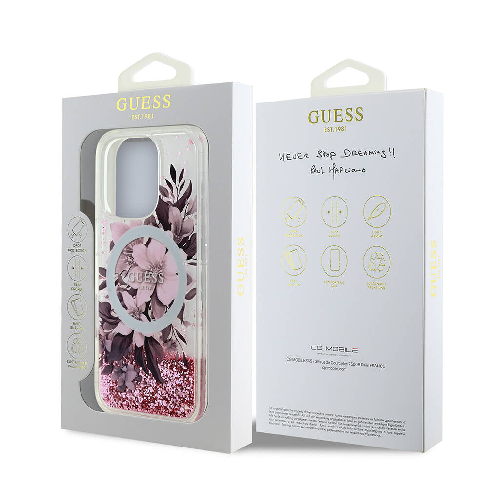 Apple iPhone 16 Pro Max Case Guess Original Licensed M-safe Charging Feature Liquid Glitter Flower Patterned Cover Purple