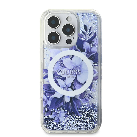 Apple iPhone 16 Pro Max Case Guess Original Licensed M-safe Charging Feature Liquid Glitter Flower Patterned Cover Purple