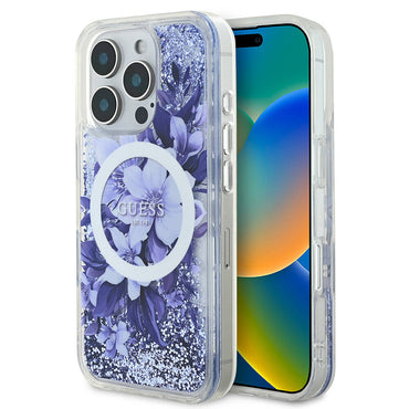 Apple iPhone 16 Pro Max Case Guess Original Licensed M-safe Charging Feature Liquid Glitter Flower Patterned Cover Green