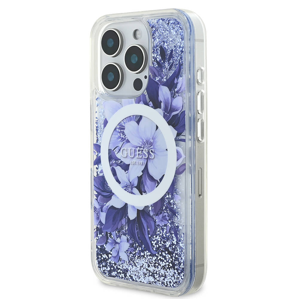 Apple iPhone 16 Pro Max Case Guess Original Licensed M-safe Charging Feature Liquid Glitter Flower Patterned Cover Green