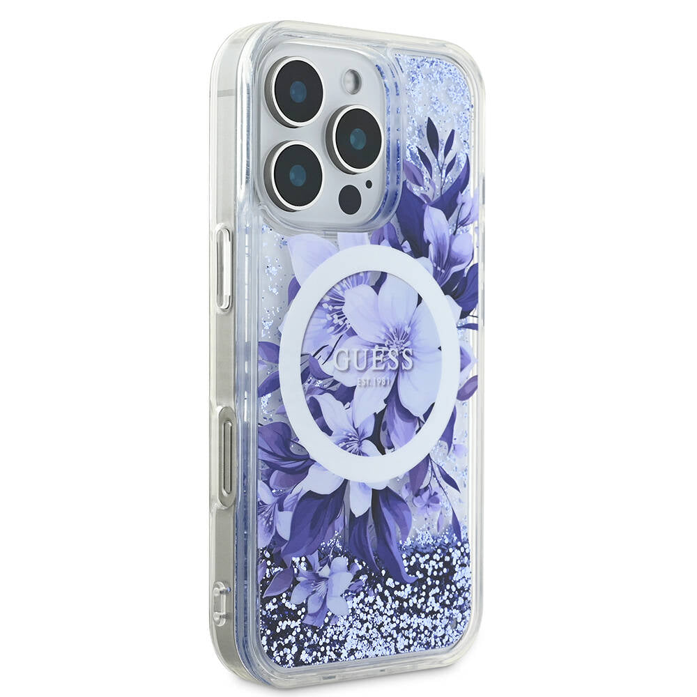 Apple iPhone 16 Pro Max Case Guess Original Licensed M-safe Charging Feature Liquid Glitter Flower Patterned Cover Purple
