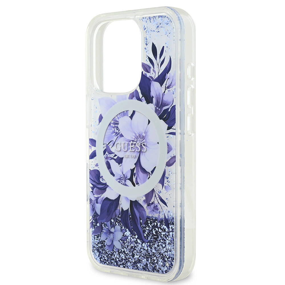 Apple iPhone 16 Pro Max Case Guess Original Licensed M-safe Charging Feature Liquid Glitter Flower Patterned Cover Green