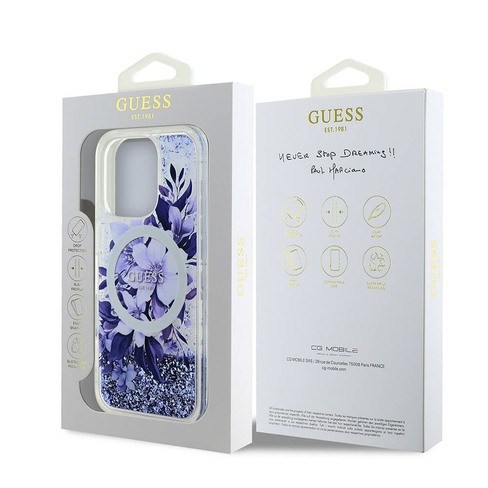 Apple iPhone 16 Pro Max Case Guess Original Licensed M-safe Charging Feature Liquid Glitter Flower Patterned Cover Purple
